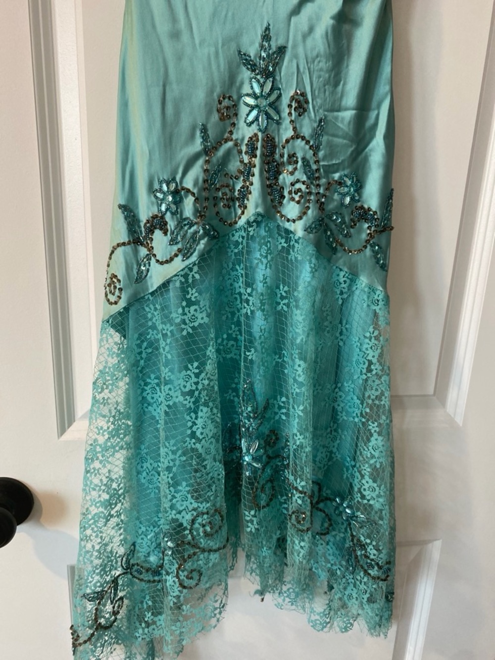 Cache Teal Lace & Sequin High-Low Slip Dress - Picture 2 of 9